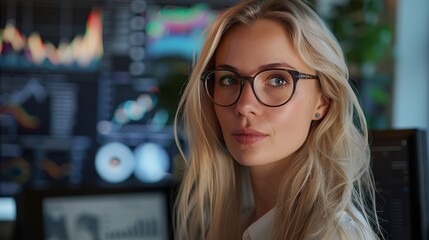 Portrait of a blonde caucasian woman data analyst in information technology letting see data flow.