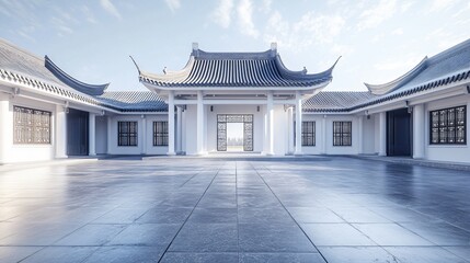 Obraz premium Traditional Chinese Architecture with Platform, Road, and Parking Area on Brick Surface for Automotive Advertisement Featuring Blank Background
