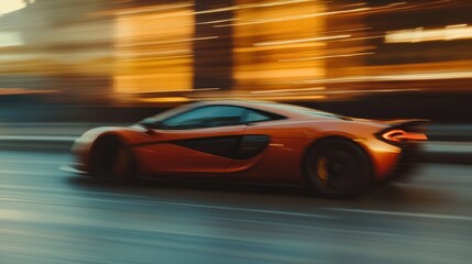 Obraz premium A red sports car speeds through the city, blurred by motion as it travels down the street.