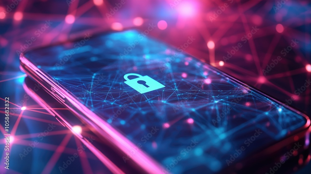 Poster Mobile phone with a digital lock icon and network lines, visualizing data encryption and cloud security.