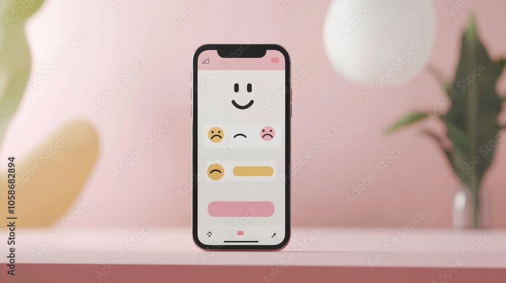 Poster Mobile screen with customer feedback options, user selecting emoticon to rate satisfaction levels.
