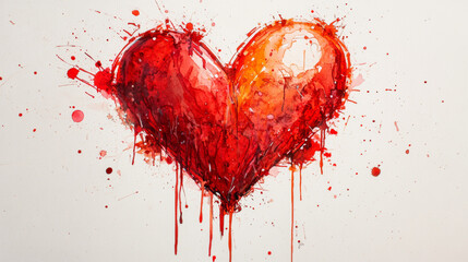 Heart drawn with red paint, splashes, blot and drops of red paint on paper