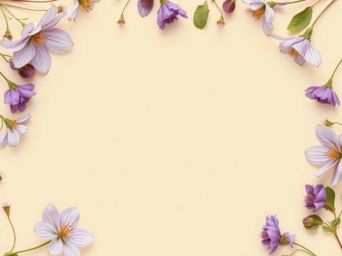 Dried clematis flowers scattered on beige background with copy space for mockup card featuring blank floral design for greetings card, beige, floral, greetings