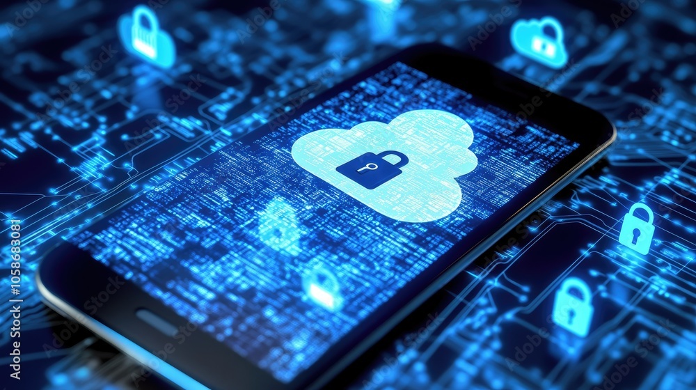 Poster Phone with lock icon and cloud symbols, emphasizing cybersecurity, data encryption, and secure networks.