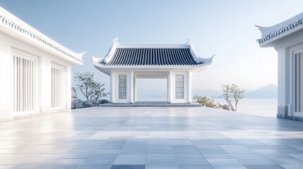 Fototapeta premium Traditional Chinese Architecture with Platform, Road, and Parking Area on Brick Surface for Automotive Advertisement Featuring Blank Background
