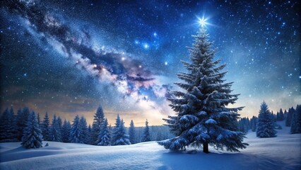 Naklejka premium Snow covered spruce tree in winter forest under starry night sky silhouette