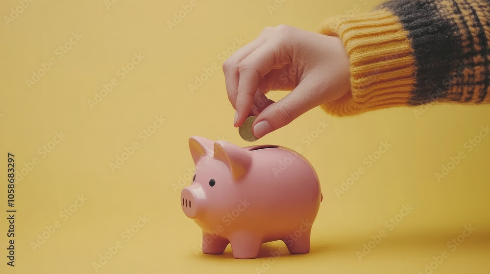 Poster side view of a person hand inserting a coin into a pink piggy bank, simple background, wealth manage