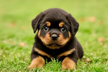 Rottweiler puppy, small and strong build, black and tan markings, alert with curious look, sitting on grass