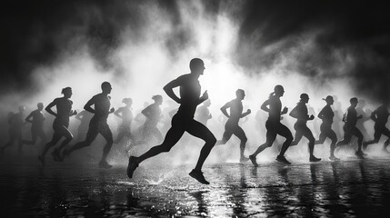 Black-and-white silhouettes of people running, with one person in the foreground running fast