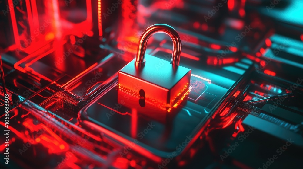 Poster Smartphone with padlock and encrypted data lines, showing concept of cybersecurity and privacy online.
