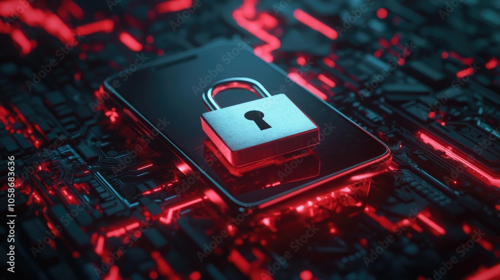 Poster Smartphone with padlock and encrypted data lines, showing concept of cybersecurity and privacy online.