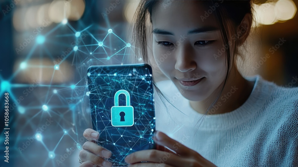 Poster Smartphone with padlock and encrypted data lines, showing concept of cybersecurity and privacy online.