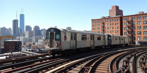 Naklejka premium Elevated train tracks running alongside vintage brick apartment buildings in urban Chicago, public transit, vintage, city living
