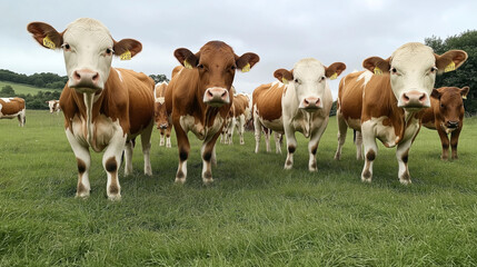 Group of brown and white cows standing on a grassy field under a cloudy sky, with ear tags visible. The cows are facing forward, with lush green hills visible in the background.