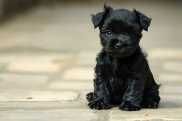 Scottish Terrier puppy, small with fluffy black coat, sitting with curious look, playful and adorable