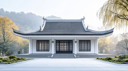 Obraz premium Traditional Chinese Architecture with Platform, Road, and Parking Area on Brick Surface for Automotive Advertisement Featuring Blank Background