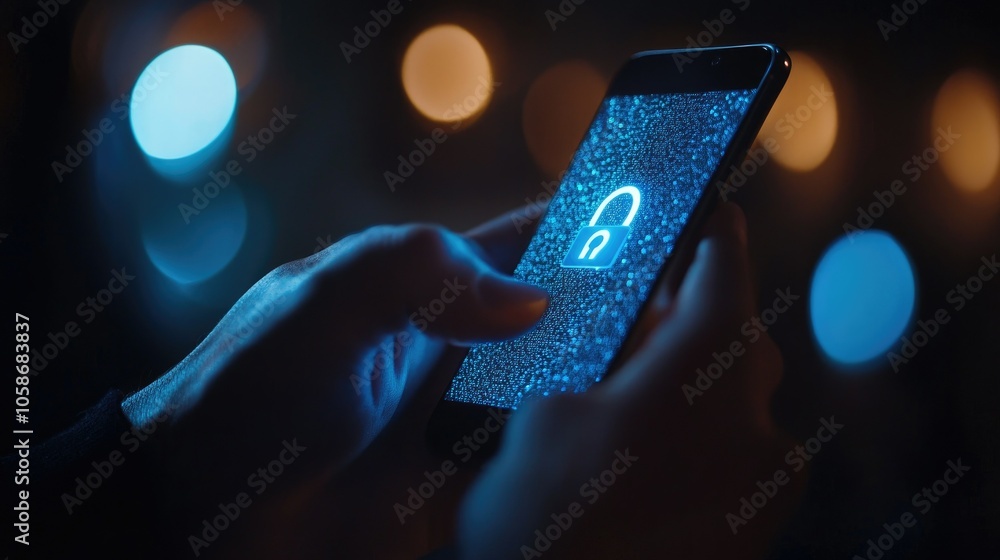 Poster user accessing secure data on mobile phone, padlock overlay, showcasing cybersecurity and protection
