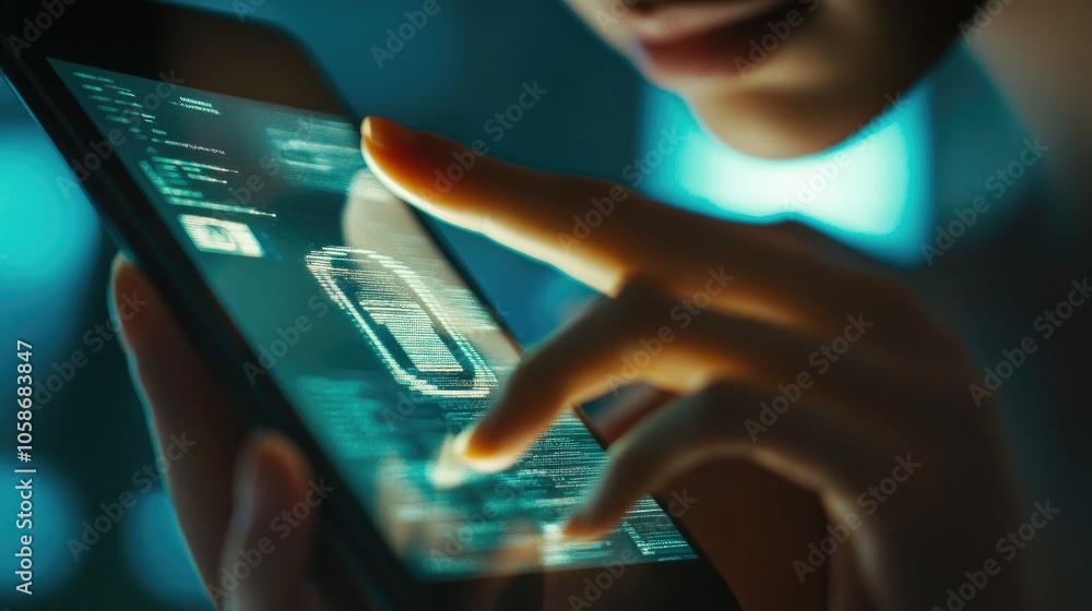 Poster user accessing secure data on mobile phone, padlock overlay, showcasing cybersecurity and protection