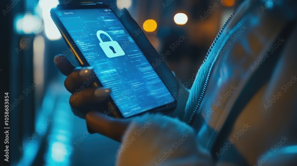 Poster User accessing secure data on mobile phone, padlock overlay, showcasing cybersecurity and protection.