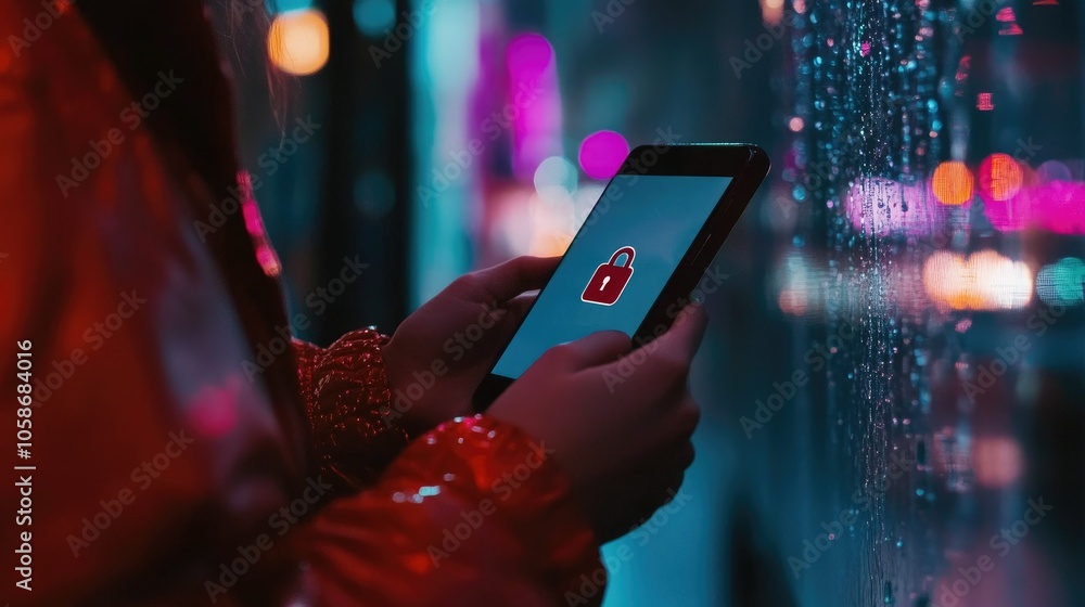 Aufkleber user holding a smartphone with a lock icon overlay, internet security and cloud encryption theme.