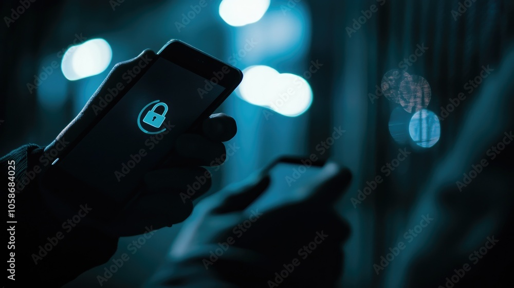 Poster User holding a smartphone with a lock icon overlay, internet security and cloud encryption theme.