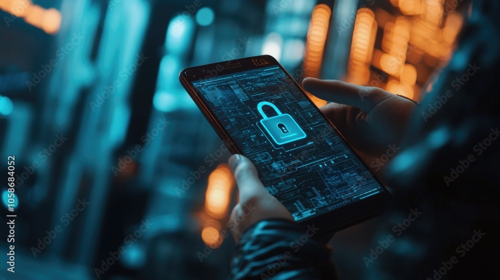 Poster User on a smartphone with digital padlock overlay, symbolizing internet security and data protection.