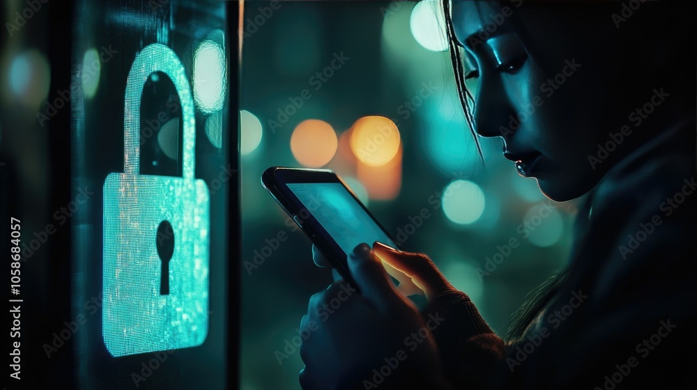 Poster User on a smartphone with digital padlock overlay, symbolizing internet security and data protection.