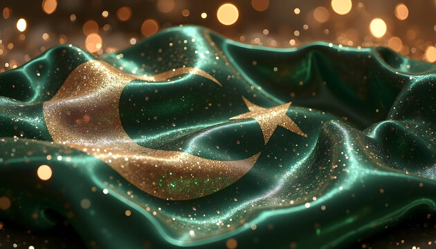 Flag of Pakistan of silk dramatic Shot with different styles hanging Awesome Shot with Dramatic details