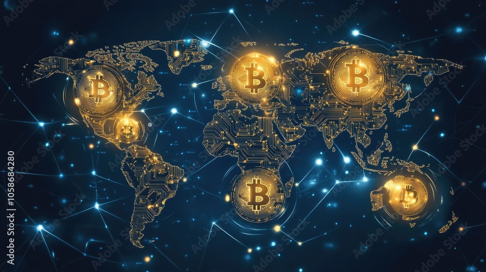 Poster world map showing cryptocurrency transactions connecting continents, symbolic of digital economy lin