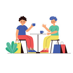 Two men with bags on the cafe. Vector cartoon illustration