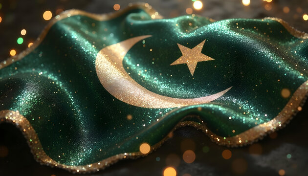 Flag of Pakistan of silk dramatic Shot with different styles hanging Awesome Shot with Dramatic details