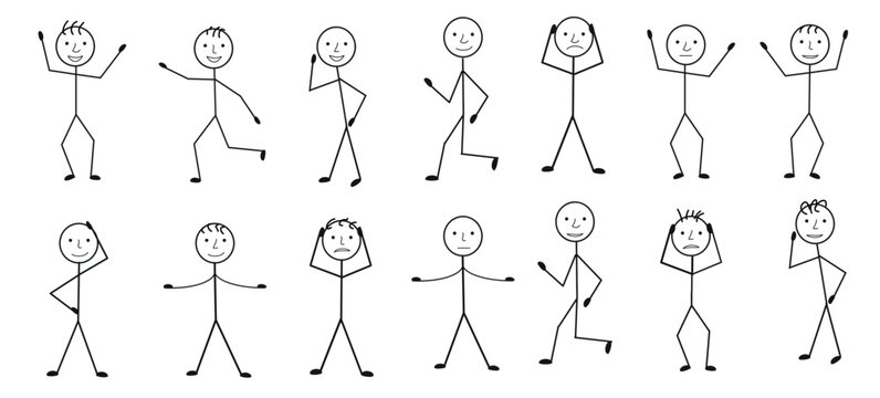 a pictogram of a person, various poses, stick figures of people, different emotions of a person drawn by hand