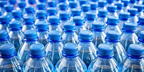 Close-up of eco-friendly plastic water bottles with blue caps arranged in a rule of thirds composition, symbolizing refreshing hydration, sustainability, and reusable clear water solutions.