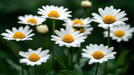 Fototapeta premium Close-up view of white daisies with yellow centers against a blurred green background, showcasing fresh springtime flowers and natural beauty.
