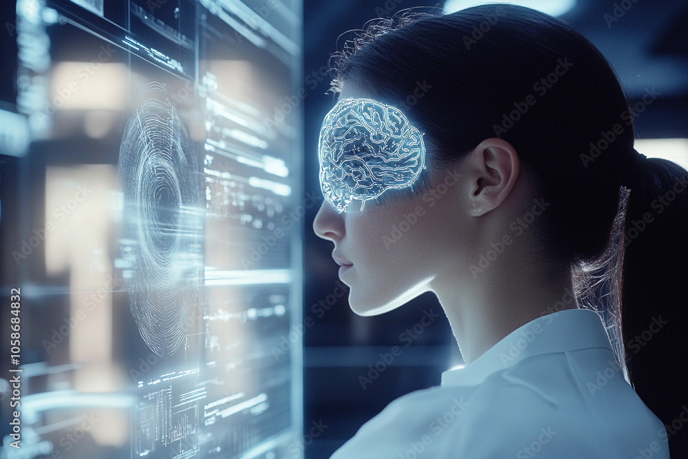 Poster woman interacting with digital brain interface in a futuristic setting