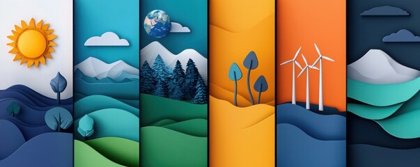 A vibrant illustration depicting changing landscapes, showcasing the sun, mountains, forests, wind turbines, and varying color themes representing different environments.