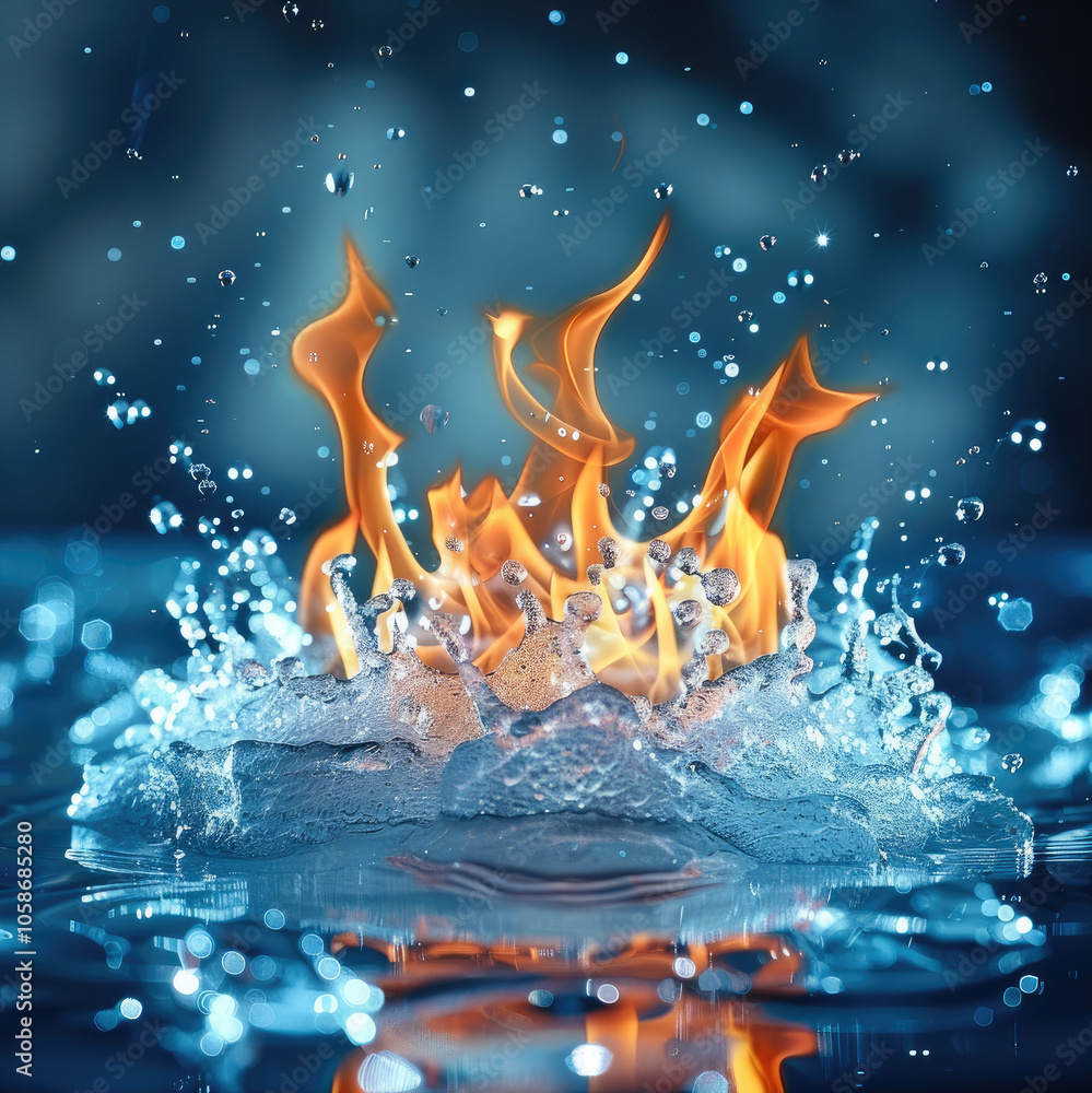 Poster a flame on top and blue ice below. it is a picture of ice and fire. the flame has a jumping feeling 