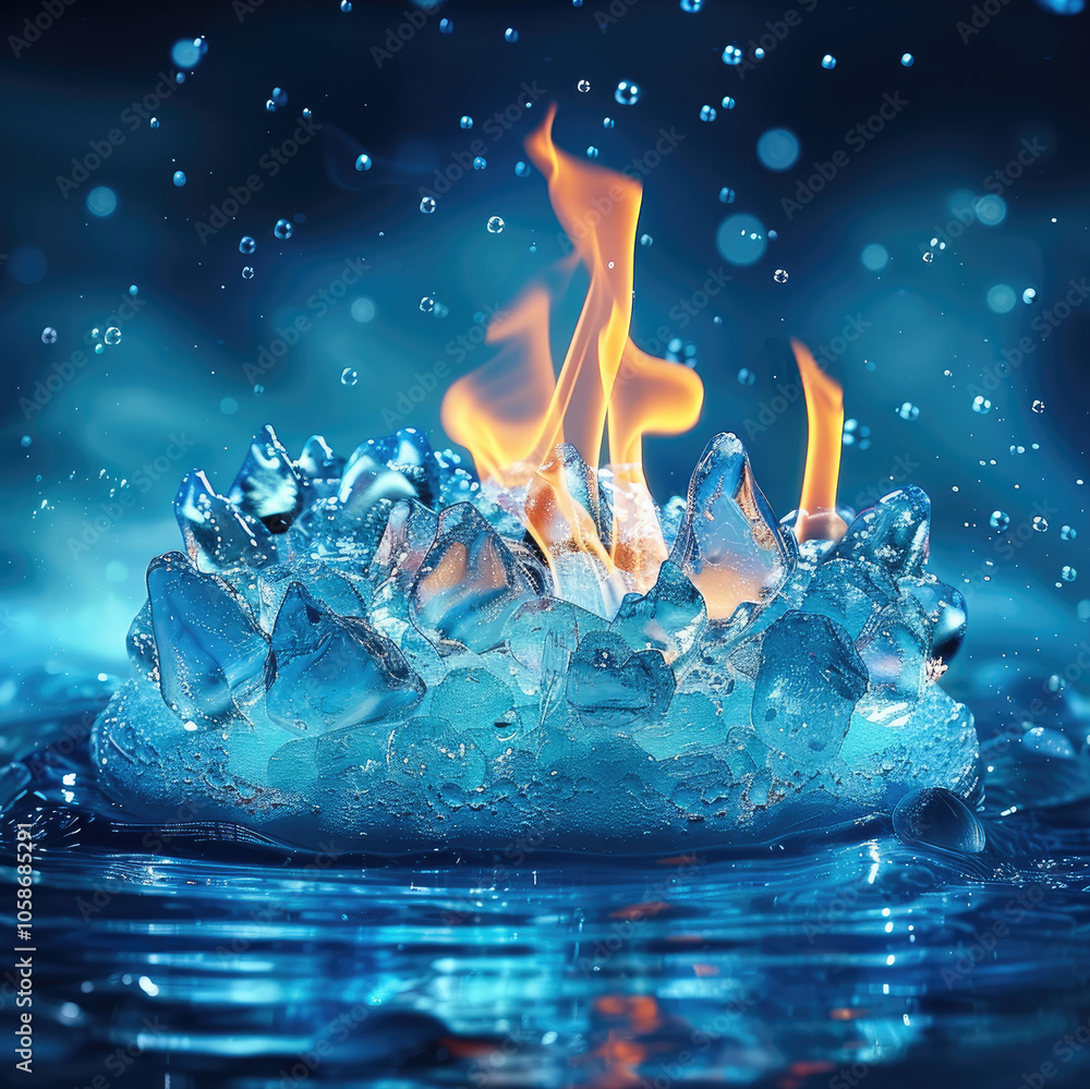 Poster a flame on top and blue ice below. it is a picture of ice and fire. the flame has a jumping feeling 