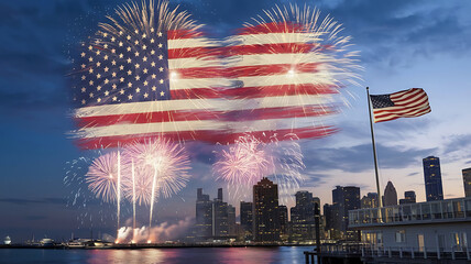 Illustration modern fireworks on the celebration USA independence day with USA flag on the midnight background.