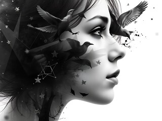 Monochromatic Portrait of Girl with Birds and Stars