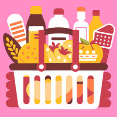 Grocery shopping cart on white. Full supermarket food basket vector illustration, shop cart with groceries goods isolated clipart