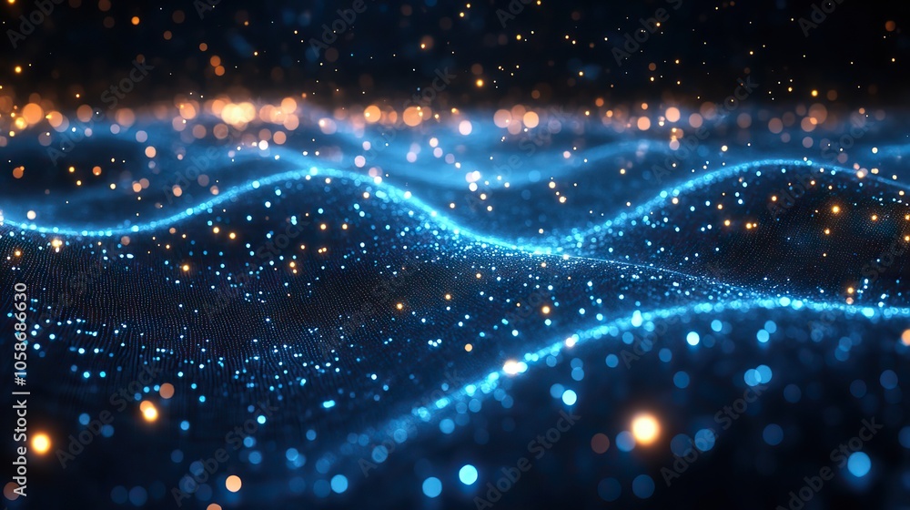 Poster blue grid design with glowing lines on dark digital background, leaving space for text
