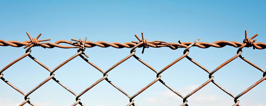 Close-up of rusty barbed wire atop a chain-link fence against a clear blue sky, symbolizing security, danger, and boundary demarcation.