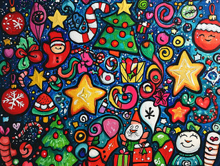 Naklejka premium Christmas doodle, full canvas, funny, happiness and colorfull