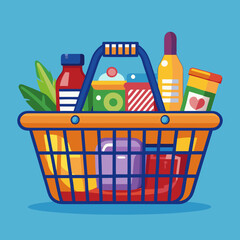 Grocery shopping cart on white. Full supermarket food basket vector illustration, shop cart with groceries goods isolated clipart