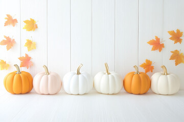 beautiful arrangement of decorative pumpkins in autumn colors, including orange, white, and pastel shades, complemented by vibrant autumn leaves