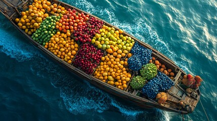A ship loaded with colorful fruits symbolizes global trade of perishable goods across oceans 