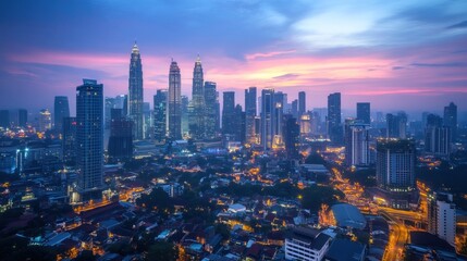 Obraz premium A panoramic view of Kuala Lumpur skyline at sunset, with vibrant colors painting the sky.