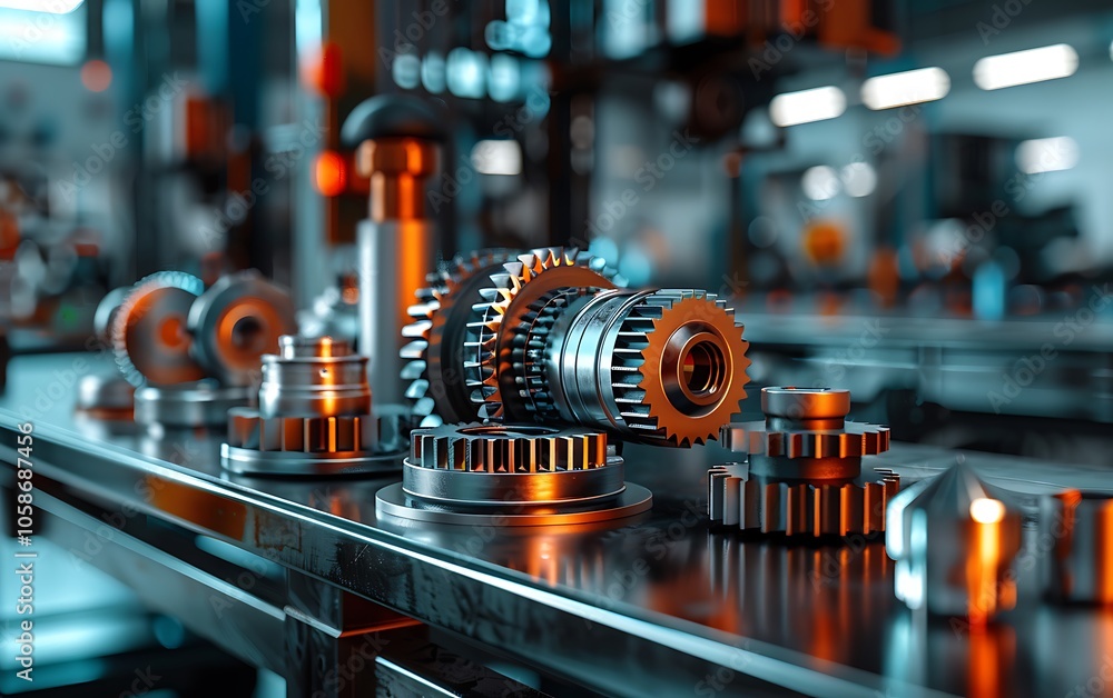 Poster a detailed close-up of metallic gears and machinery components, showcasing intricate design and prec