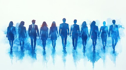 Blue silhouettes of businesspeople standing in row, set against white background for corporate design